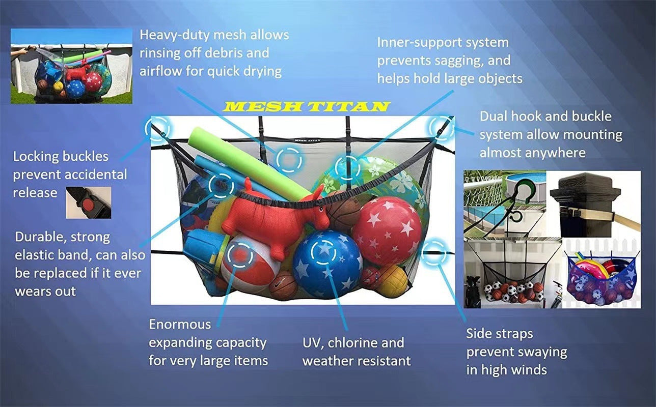 Black Large Hanging Pool Toy Storage Bag - Mesh Net Organiser for Swimming Floats, Sports Balls & Inflatables - 145cm Extra Large Capacity for Outdoor Fences & Garage - Image 3