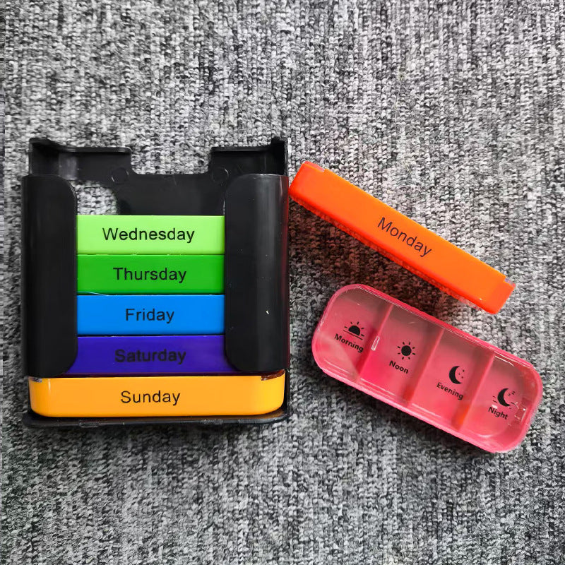 7 Day Weekly Pill Organiser Box - Rainbow Colour Coded Medicine Storage with 4 Daily Compartments - Portable Black Casing Dispenser for Home & Travel - Image 2