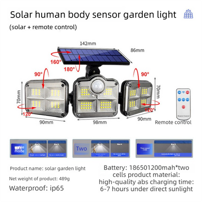 Solar Security Lights Outdoor Motion Sensor 122 LED - 3 Adjustable Heads Flood Light with Remote IP65 Waterproof for Garden & Garage - Image 2