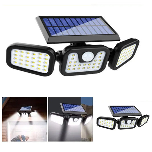 Solar Outdoor Security Lights Motion Sensor 74 LED - 3 Adjustable Heads Flood Light IP65 Waterproof for Garden Garage & Driveway