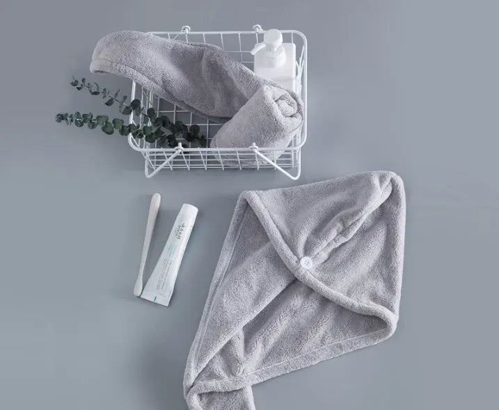 Soft Microfibre Hair Drying Towel Wrap - Super Absorbent Coral Fleece Turban with Secure Button - Quick Dry Bath Head Cap for Wet Hair & Spa - Light gray