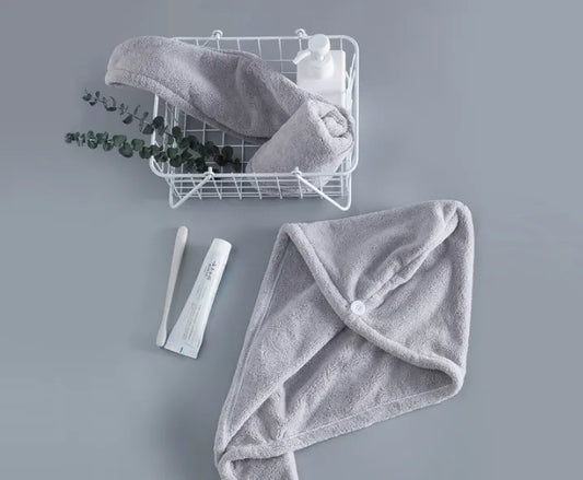 Soft Microfibre Hair Drying Towel Wrap - Super Absorbent Coral Fleece Turban with Secure Button - Quick Dry Bath Head Cap for Wet Hair & Spa - Light gray