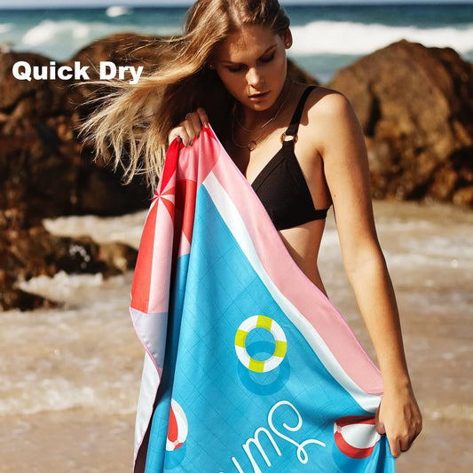Sand Free Microfibre Beach Towel - "Hello Summer" Pool Print Quick Dry Travel Towel 70x150cm(240GSM) - Lightweight Absorbent for Beach, Swimming & Camping - Image 2