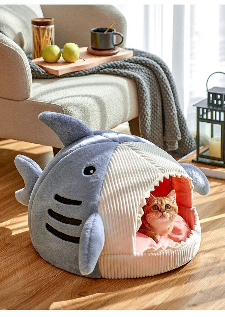 Novelty Shark Pet Cave Bed Enclosed Cozy Sleeping Nest for Cats and Small Dogs Soft Flannel Year Round Comfort Light Blue S Size - Image 2