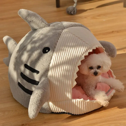 Novelty Shark Pet Cave Bed Enclosed Cozy Sleeping Nest for Cats and Small Dogs Soft Flannel Year Round Comfort Light Gray L Size