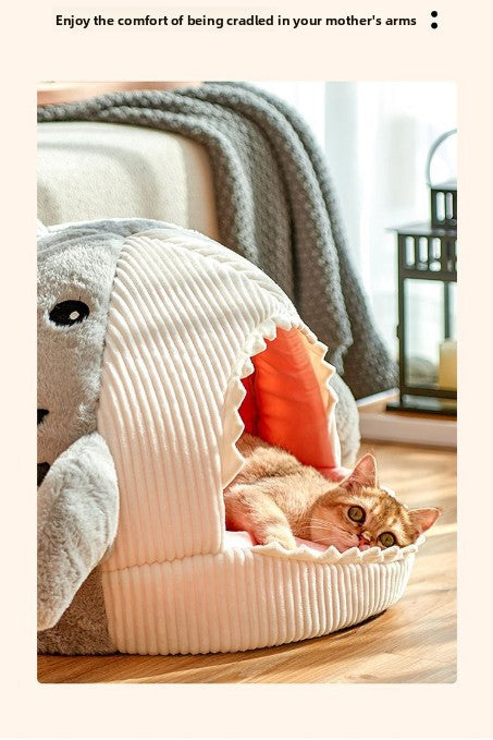 Novelty Shark Pet Cave Bed Enclosed Cozy Sleeping Nest for Cats and Small Dogs Soft Flannel Year Round Comfort Light Gray L Size - Image 6