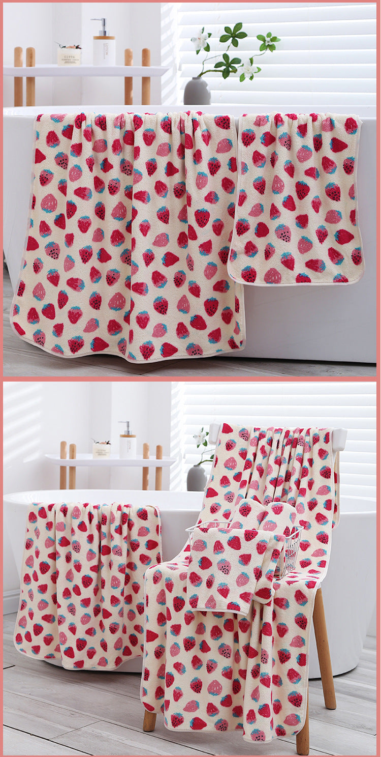 2 Pack Strawberry Coral Fleece Bath Towel Set - Ultra Soft Absorbent Microfibre Bathroom Towels with Hanging Loop - 70x140cm & 35x75cm - Image 2