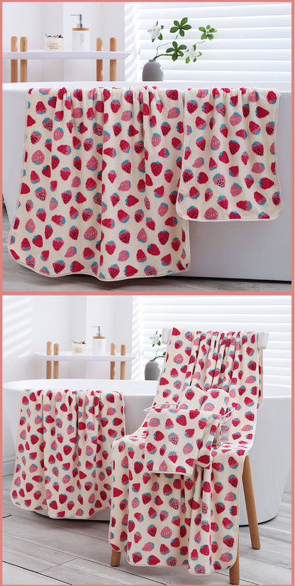 2 Pack Strawberry Coral Fleece Bath Towel Set - Ultra Soft Absorbent Microfibre Bathroom Towels with Hanging Loop - 70x140cm & 35x75cm - Image 2