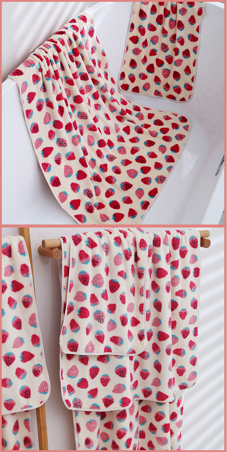 2 Pack Strawberry Coral Fleece Bath Towel Set - Ultra Soft Absorbent Microfibre Bathroom Towels with Hanging Loop - 70x140cm & 35x75cm - Image 3