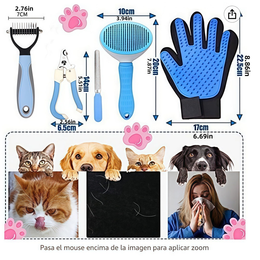 5-in-1 Pet Grooming Kit Blue - Stainless Steel Deshedding Rake, Self-Cleaning Slicker Brush, Grooming Glove & Nail Trimmer Set for Dogs & Cats - Image 3