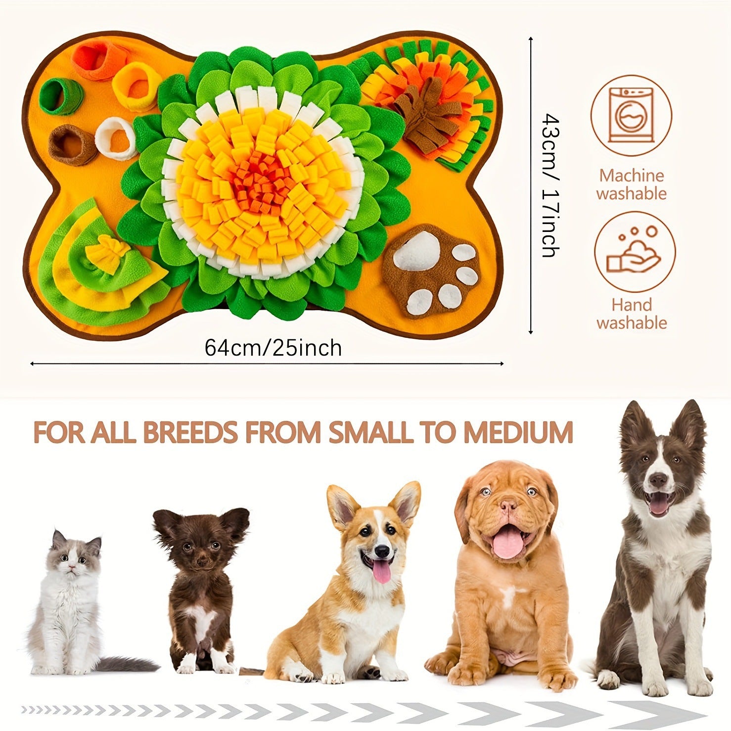Interactive Dog Snuffle Mat Bone Shape 64x43cm - Slow Feeder & Foraging Puzzle Toy - Golden Yellow Fleece Nosework Pad for Anxiety Relief & Mental Stimulation - Image 5
