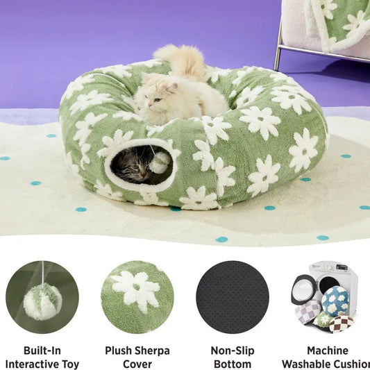 2-in-1 Cat Tunnel Bed Green Daisy 80cm - Plush Donut Pet Cave & Play Tube - Detachable Washable Cushion & Interactive Hanging Toy for Indoor Cats - Image 3