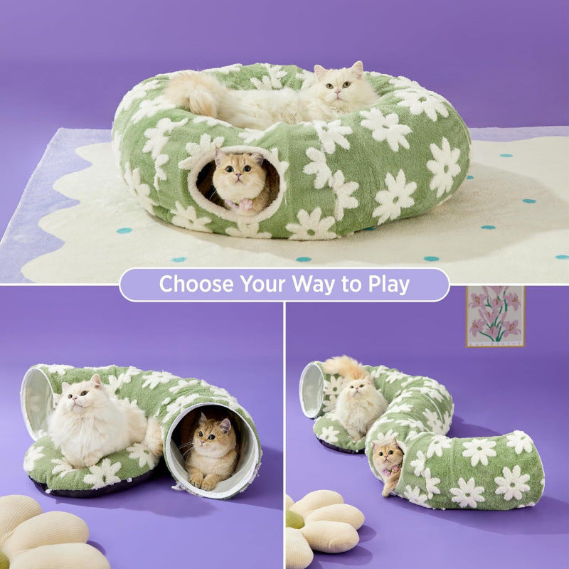 2-in-1 Cat Tunnel Bed Blue Daisy 80cm - Plush Donut Pet Cave & Play Tube - Detachable Washable Cushion & Interactive Hanging Toy for Indoor Cats - Image 4