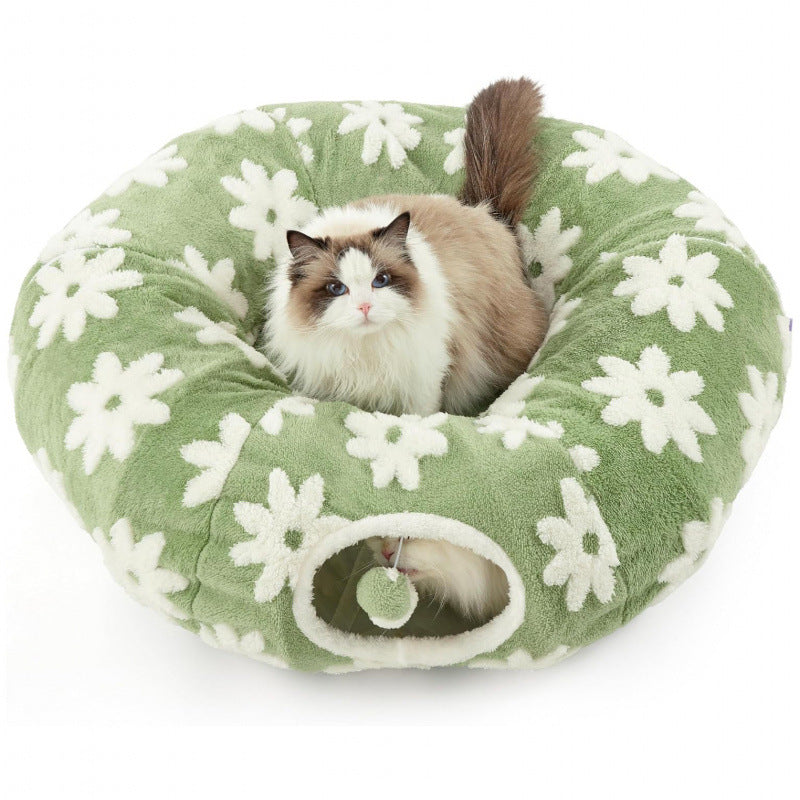 2-in-1 Cat Tunnel Bed Blue Daisy 80cm - Plush Donut Pet Cave & Play Tube - Detachable Washable Cushion & Interactive Hanging Toy for Indoor Cats - Image 5