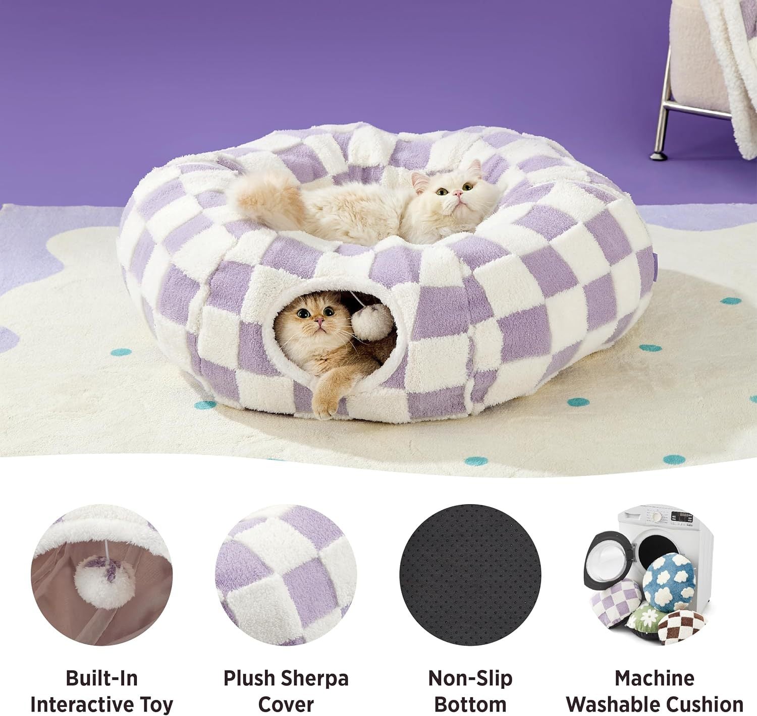 2-in-1 Cat Tunnel Bed Blue Daisy 80cm - Plush Donut Pet Cave & Play Tube - Detachable Washable Cushion & Interactive Hanging Toy for Indoor Cats - Image 8