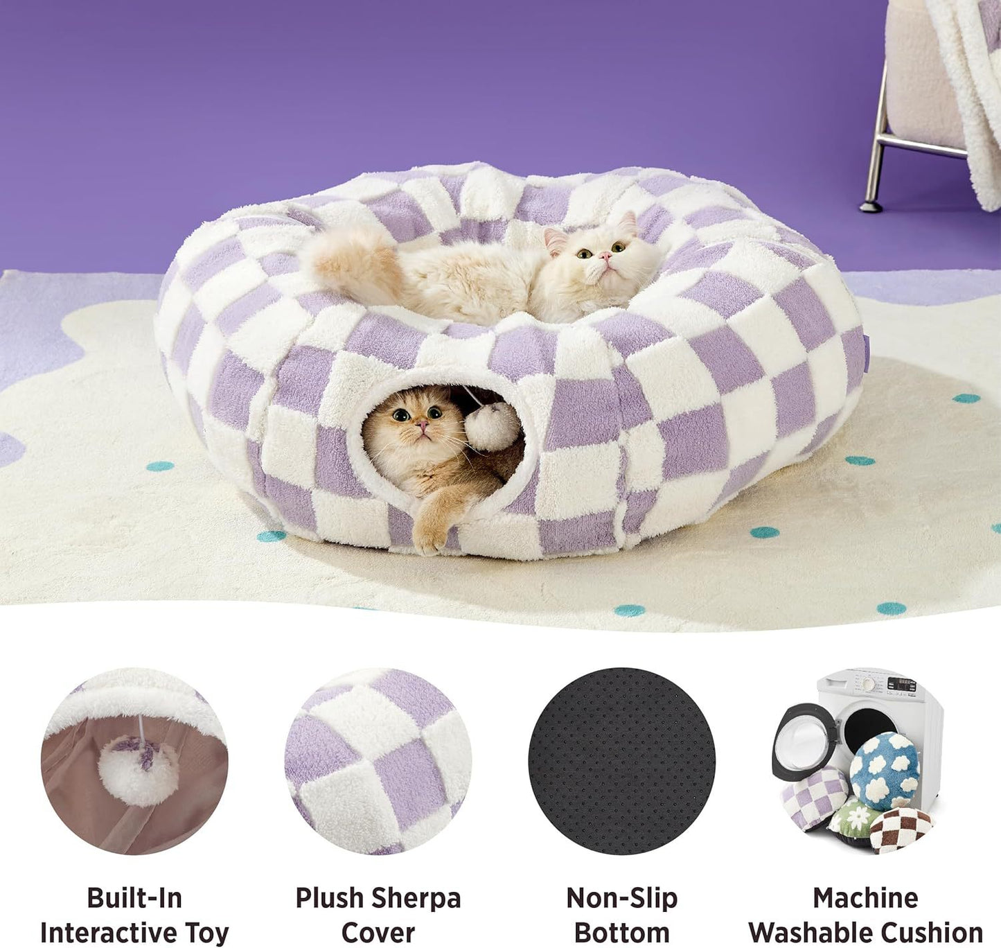 2-in-1 Cat Tunnel Bed Coffee Brown Daisy 80cm - Plush Donut Pet Cave & Play Tube - Detachable Washable Cushion & Interactive Hanging Toy for Indoor Cats - Image 8