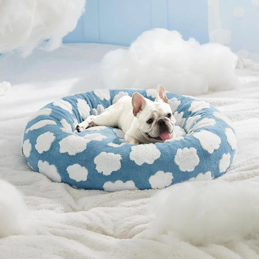 50cm Round Pet Bed Blue Sky & Clouds Design - Soft Plush Donut Cuddler for Small Dogs & Cats - Calming Anxiety Relief & All-Season Comfort - Image 2