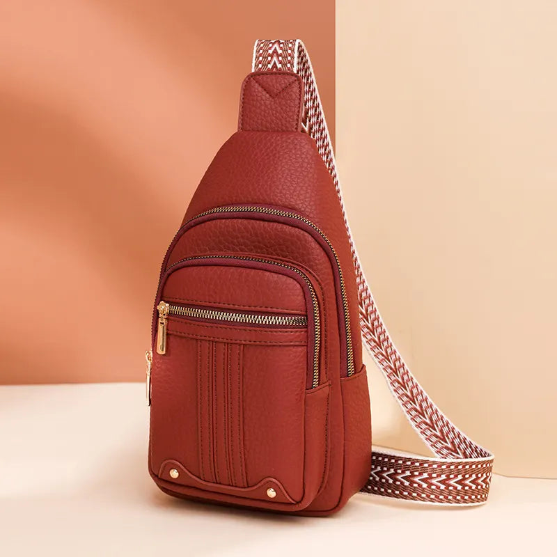 Women's Soft PU Leather Sling Bag Crossbody Chest Purse with Adjustable Boho Strap - Lightweight Multi-Pocket Shoulder Daypack for Travel & Daily Use - Red