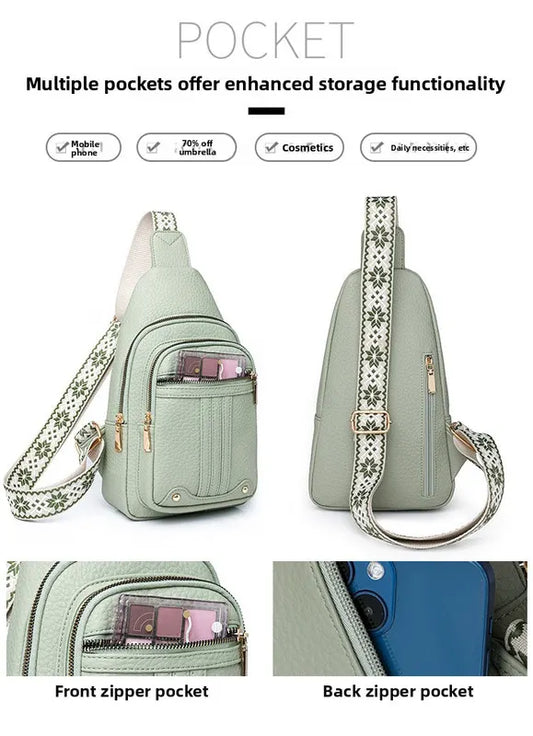 Women's Soft PU Leather Sling Bag Crossbody Chest Purse with Adjustable Boho Strap - Lightweight Multi-Pocket Shoulder Daypack for Travel & Daily Use - Light green - Image 6