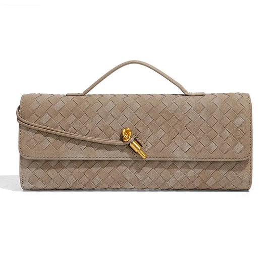 Retro Woven Baguette Handbag for Women Suede Texture PU Leather Shoulder Crossbody Bag Elegant Evening Clutch Pine Tea Color