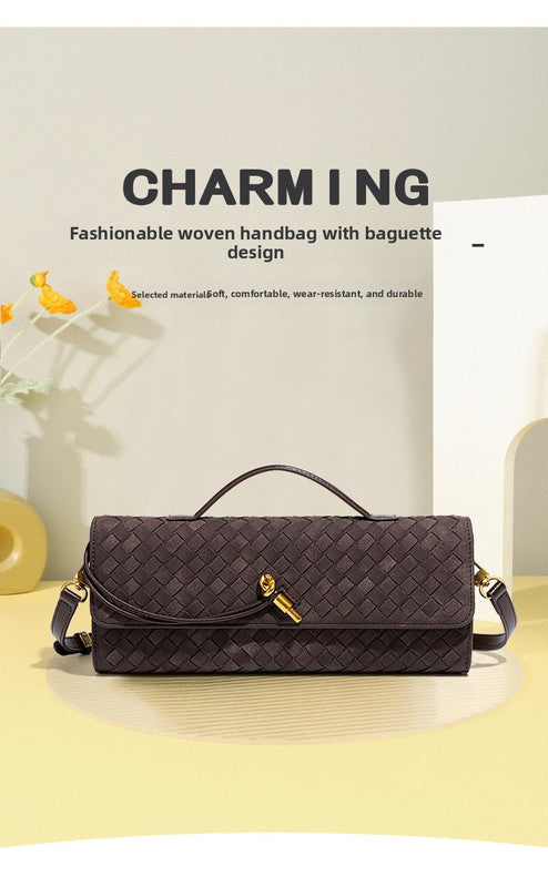 Retro Woven Baguette Handbag for Women Suede Texture PU Leather Shoulder Crossbody Bag Elegant Evening Clutch Warm gray - Image 2