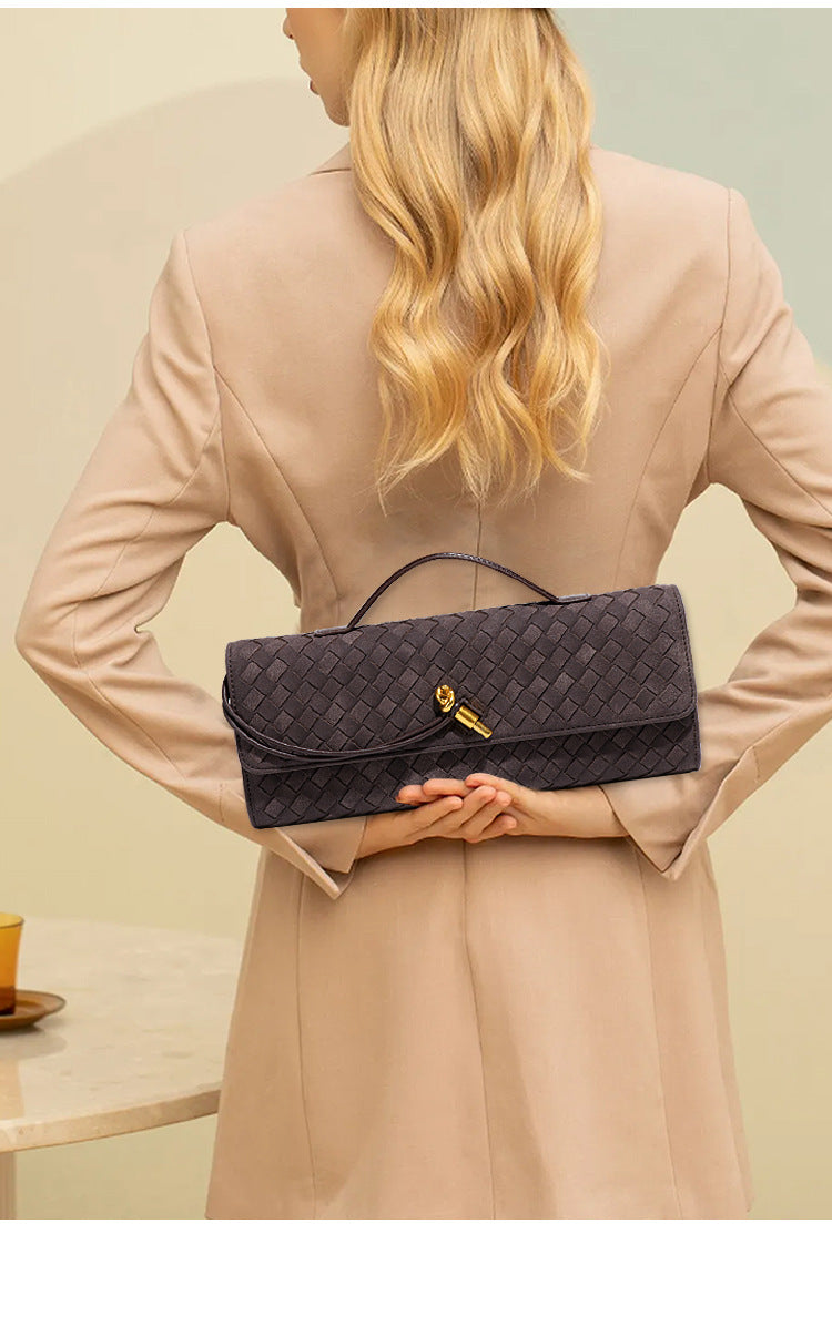 Retro Woven Baguette Handbag for Women Suede Texture PU Leather Shoulder Crossbody Bag Elegant Evening Clutch Warm gray - Image 6