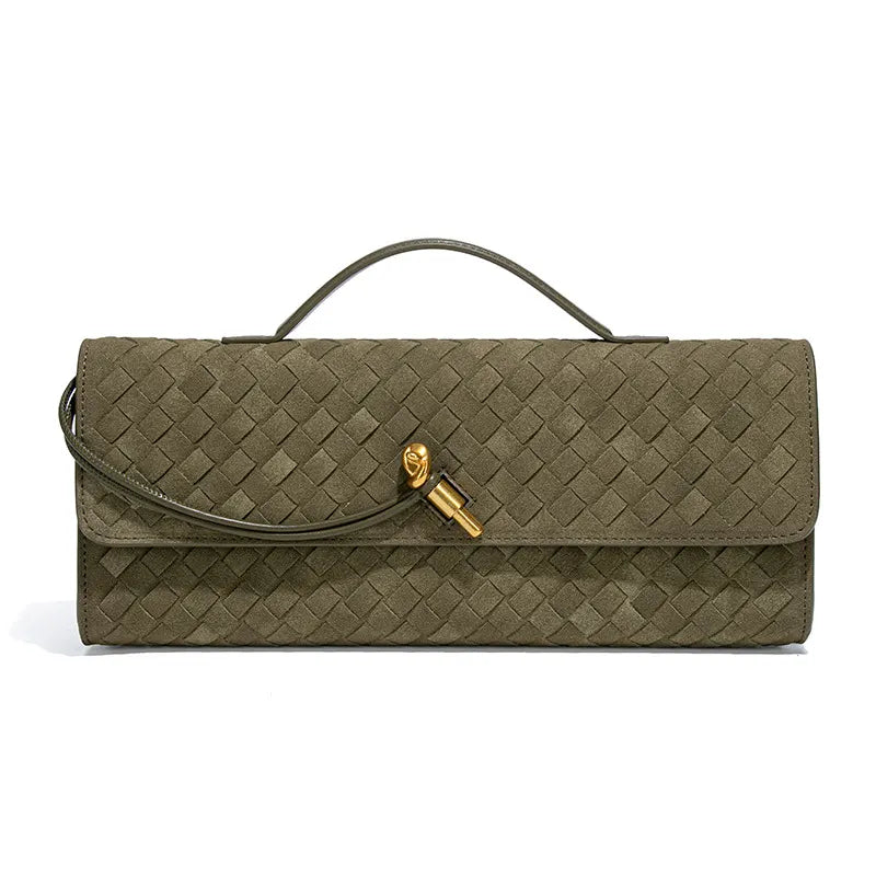 Retro Woven Baguette Handbag for Women Suede Texture PU Leather Shoulder Crossbody Bag Elegant Evening Clutch Olive green