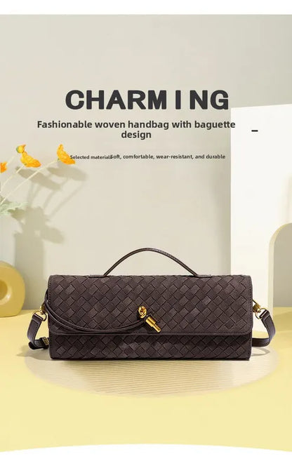 Retro Woven Baguette Handbag for Women Suede Texture PU Leather Shoulder Crossbody Bag Elegant Evening Clutch Olive green - Image 2