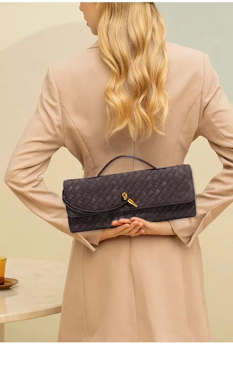Retro Woven Baguette Handbag for Women Suede Texture PU Leather Shoulder Crossbody Bag Elegant Evening Clutch Olive green - Image 6