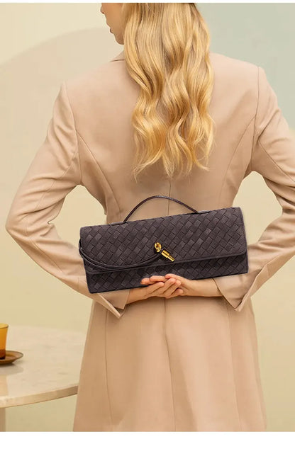 Retro Woven Baguette Handbag for Women Suede Texture PU Leather Shoulder Crossbody Bag Elegant Evening Clutch Olive green - Image 6