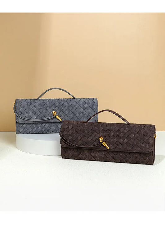 Retro Woven Baguette Handbag for Women Suede Texture PU Leather Shoulder Crossbody Bag Elegant Evening Clutch Black - Image 4