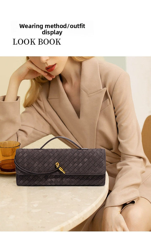 Retro Woven Baguette Handbag for Women Suede Texture PU Leather Shoulder Crossbody Bag Elegant Evening Clutch Black - Image 5