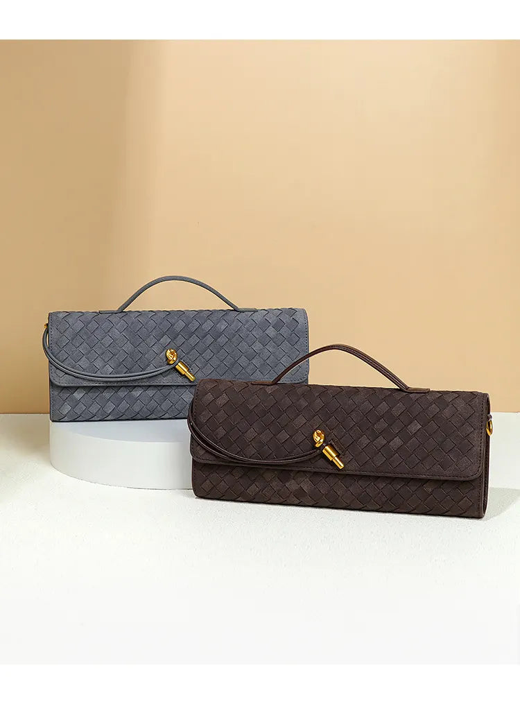 Retro Woven Baguette Handbag for Women Suede Texture PU Leather Shoulder Crossbody Bag Elegant Evening Clutch Sand color - Image 4