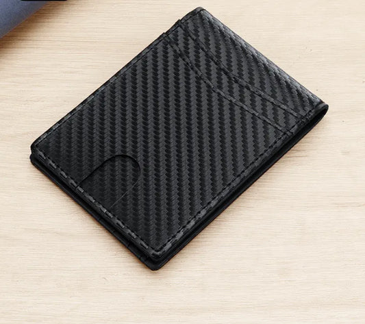 RFID Blocking Slim Bifold Wallet for Men - Carbon Fiber Texture PU Leather Card Holder with ID Window - Minimalist Front Pocket Purse - Black