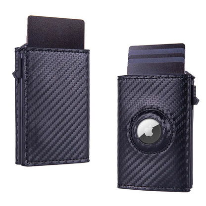RFID Blocking Pop-Up Card Wallet with AirTag Holder - Carbon Fiber Texture Aluminum Smart Wallet - Automatic Slider Mechanism with Cash Compartment - Black (AirTag Not Included)