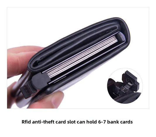 RFID Blocking Pop-Up Card Wallet with AirTag Holder - Carbon Fiber Texture Aluminum Smart Wallet - Automatic Slider Mechanism with Cash Compartment - Black (AirTag Not Included) - Image 3