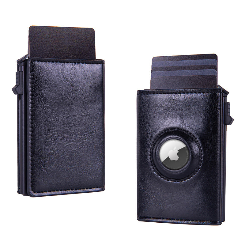 RFID Blocking Pop-Up Card Wallet with AirTag Holder - Crazy Horse Leather Style Aluminium Smart Wallet - Automatic Slider with Cash Slot - Vintage Black (AirTag Not Included)
