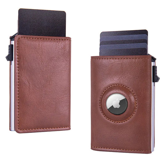 RFID Blocking Pop-Up Card Wallet with AirTag Holder - Automatic Slider Aluminium Smart Case with Cash Compartment - Slim Minimalist Coffee Brown Leather Design (AirTag Not Included)