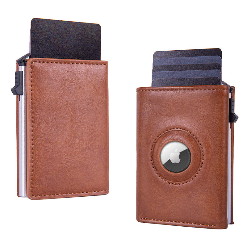 RFID Blocking Pop-Up Card Wallet with AirTag Holder - Automatic Slider Aluminium Smart Case with Cash Compartment - Slim Minimalist Apricot Leather Design (AirTag Not Included)