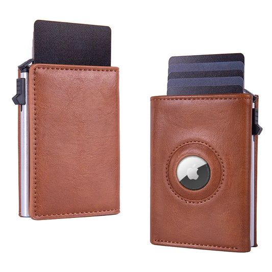 RFID Blocking Pop-Up Card Wallet with AirTag Holder - Automatic Slider Aluminium Smart Case with Cash Compartment - Slim Minimalist Apricot Leather Design (AirTag Not Included)