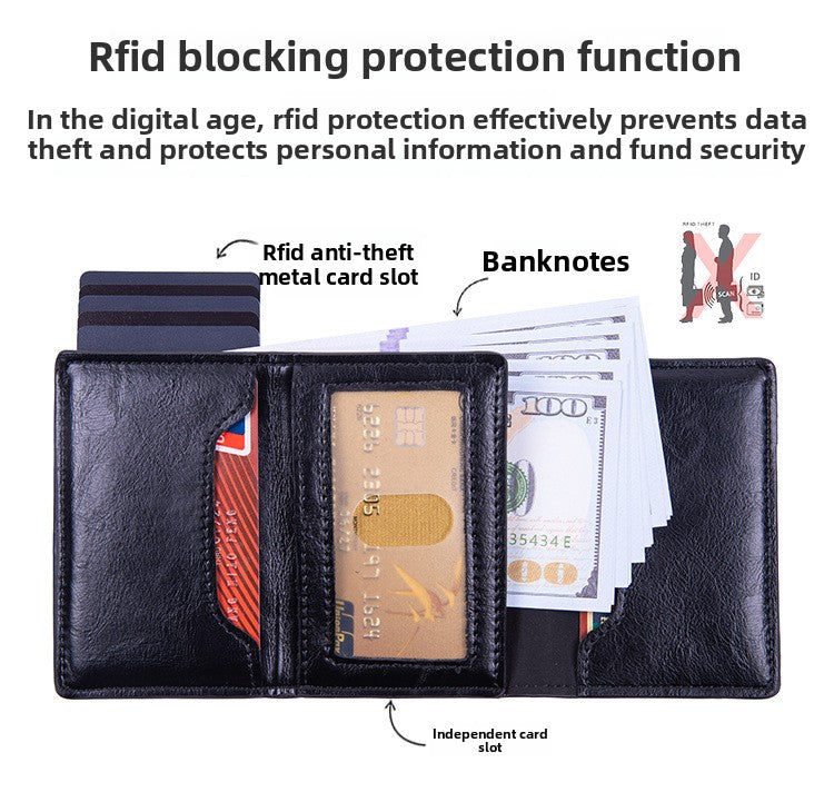 RFID Blocking Pop-Up Card Wallet with AirTag Holder - Automatic Slider Aluminium Smart Case with Cash Compartment - Slim Minimalist Apricot Leather Design (AirTag Not Included) - Image 4