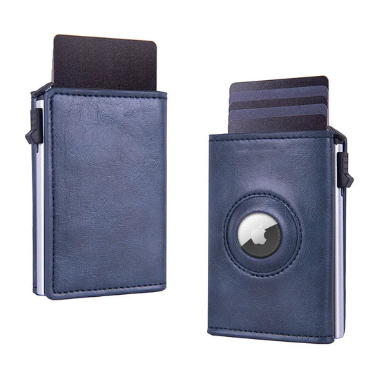 RFID Blocking Pop-Up Card Wallet with AirTag Holder - Automatic Slider Aluminium Smart Case with Cash Slot - Slim Minimalist Blue Leather Design (AirTag Not Included)