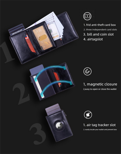 RFID Blocking Pop-Up Card Wallet with AirTag Holder - Automatic Slider Aluminium Smart Case with Cash Slot - Slim Minimalist Blue Leather Design (AirTag Not Included) - Image 2