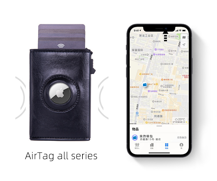 RFID Blocking Pop-Up Card Wallet with AirTag Holder - Automatic Slider Aluminium Smart Case with Cash Slot - Slim Minimalist Blue Leather Design (AirTag Not Included) - Image 6