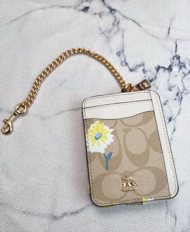 2 Pack Women's Mini Zip Card Holder & Coin Purse with Keychain - Signature Coffee Brown & Daisy Floral Print - Compact ID Wallet for Travel & Daily Use - Image 2
