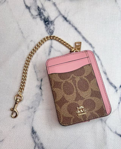 2 Pack Women's Mini Zip Card Holder & Coin Purse with Keychain - Signature Brown with Pink Trim & White Floral Print - Compact ID Wallet for Daily Use