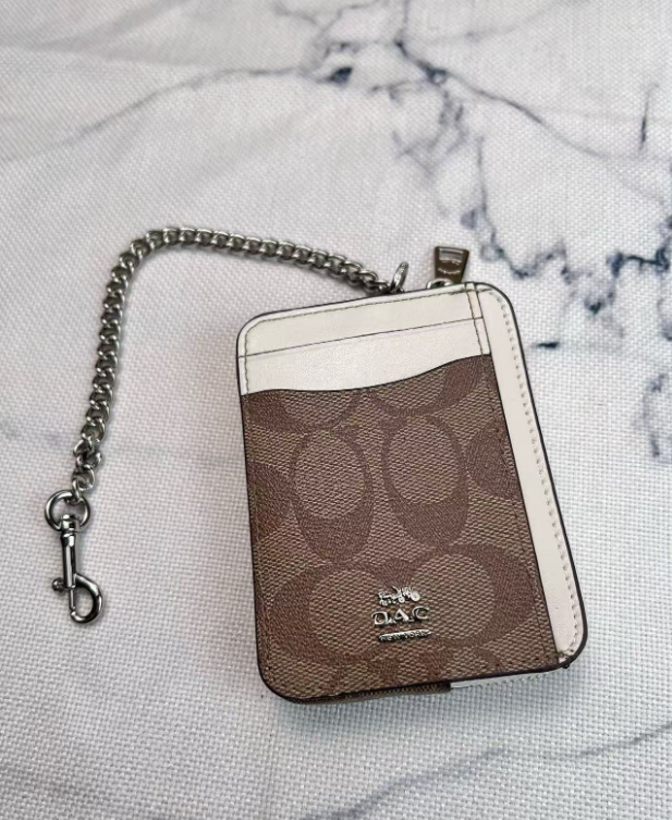 2 Pack Women's Mini Zip Card Holder & Coin Purse with Keychain - Signature Khaki Brown & Brown White - Compact ID Wallet for Commute & Travel - Image 2