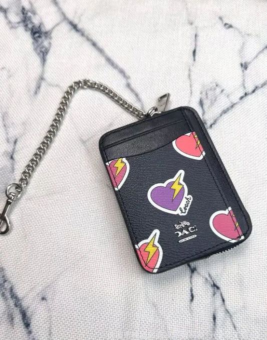 2 Pack Women's Mini Zip Card Holder & Coin Purse with Keychain - White Peach Blossom & Black Electric Heart Print - Compact ID Wallet for Daily Use - Image 2
