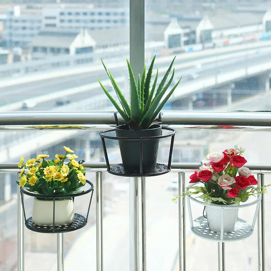 Hanging Flower Pot Holder Metal Balcony Railing Planter Basket Round Iron Rack with Mesh Bottom Fits up to 6cm Rail for Fence & Patio White - Image 2