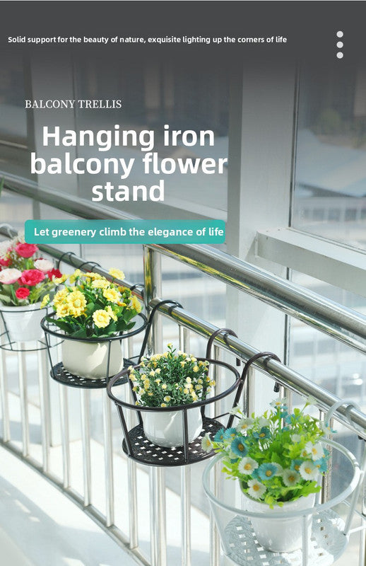 Hanging Flower Pot Holder Metal Balcony Railing Planter Basket Round Iron Rack with Mesh Bottom Fits up to 6cm Rail for Fence & Patio Black - Image 4